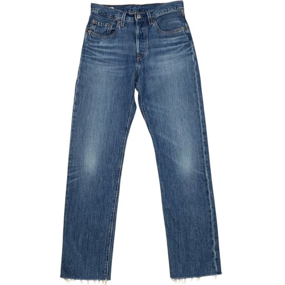 Levis Womens 501 Jeans 28 Blue Irregular Blue Raw Cuffs Mid Rise Straight Leg - Picture 1 of 12